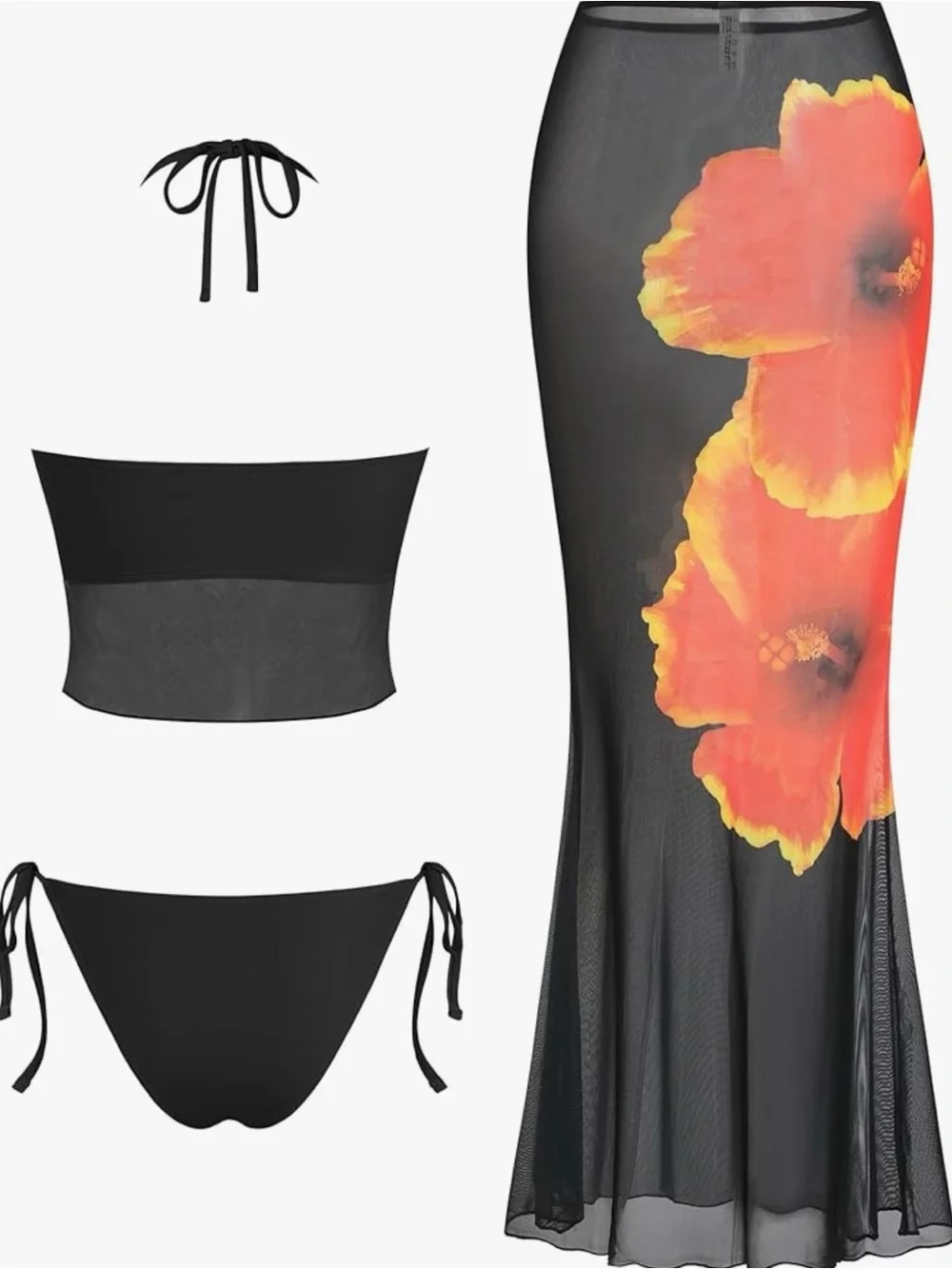 Boutique NWT 3-Piece Black Floral Mesh Tankini  Set Cover-Up Skirt S